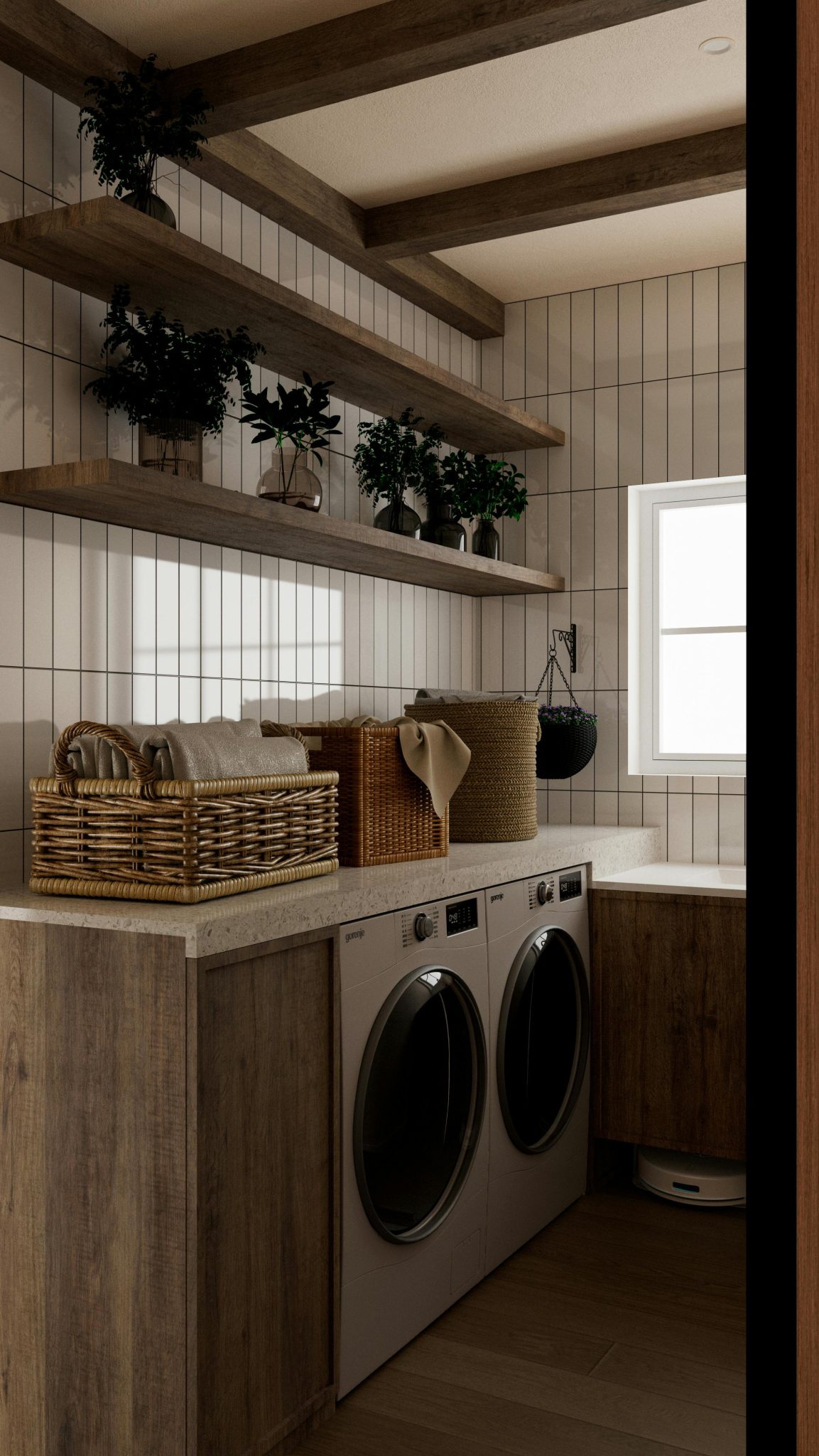 Cozy laundry room with wood accents and wicker baskets, creating a warm, inviting space.