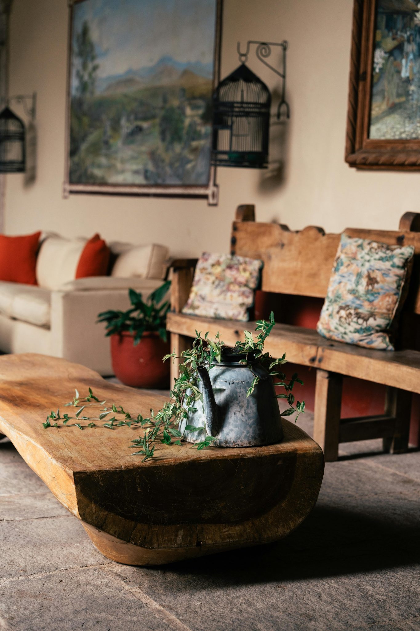 Cozy rustic living room featuring wooden furniture, decorative pillows, and a vintage metal watering can with vines.