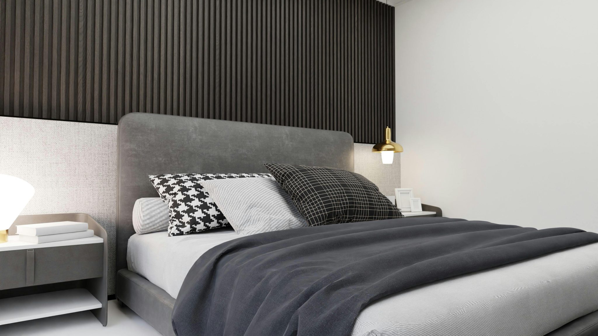 Cozy Scandinavian bedroom featuring stylish furniture and modern decor elements.