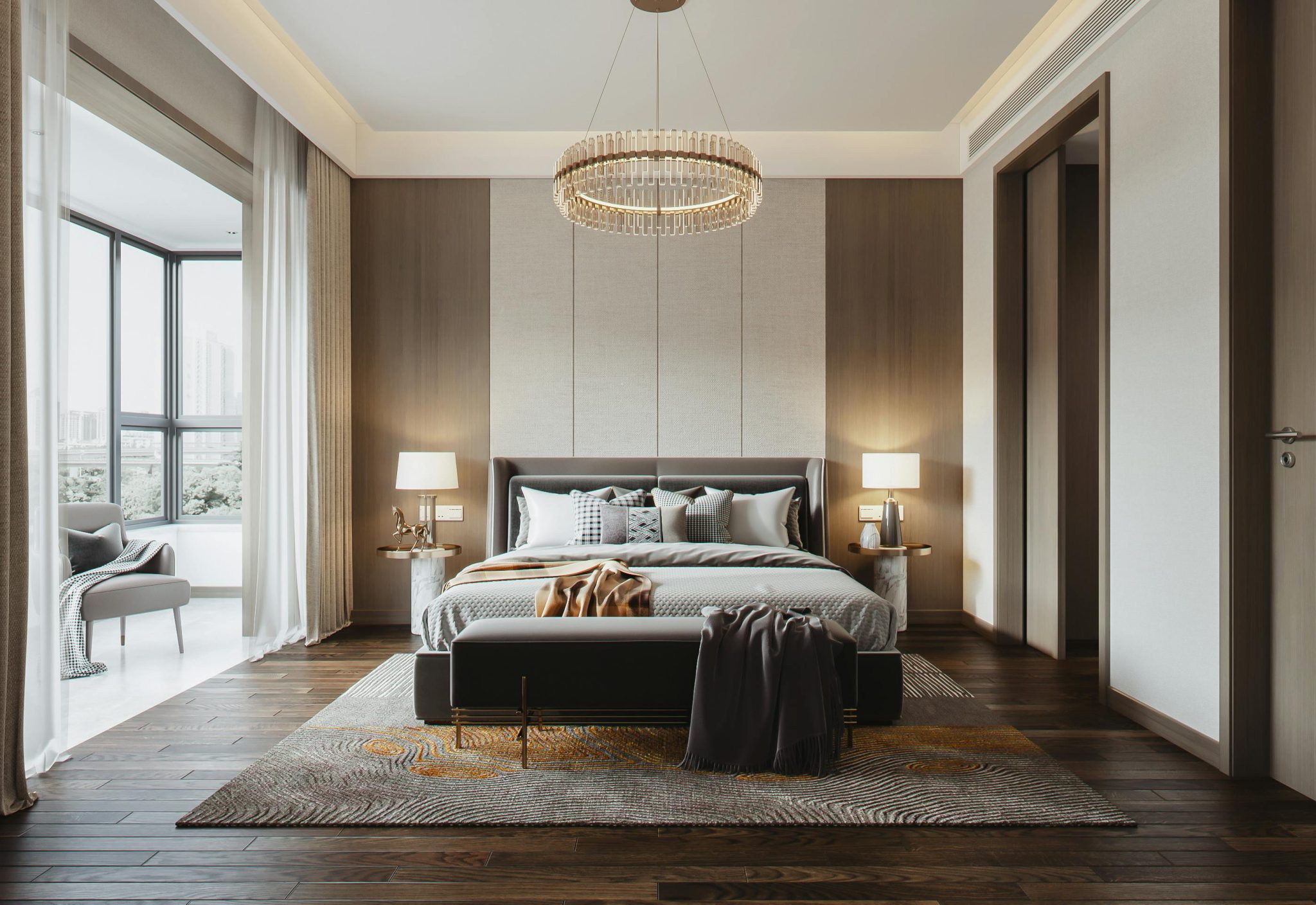 Elegant bedroom with a double bed, chandelier, bay window, and sleek interior design.