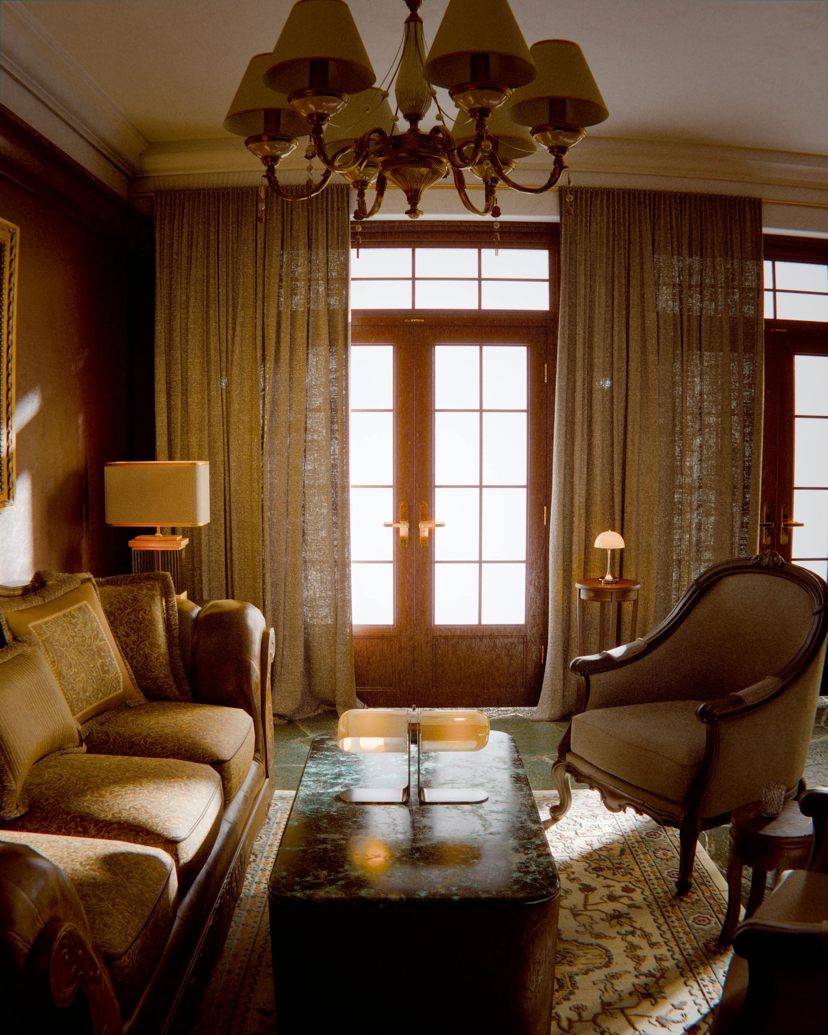 Elegant luxury living room filled with sunlight, featuring vintage furnishings and a classic chandelier.