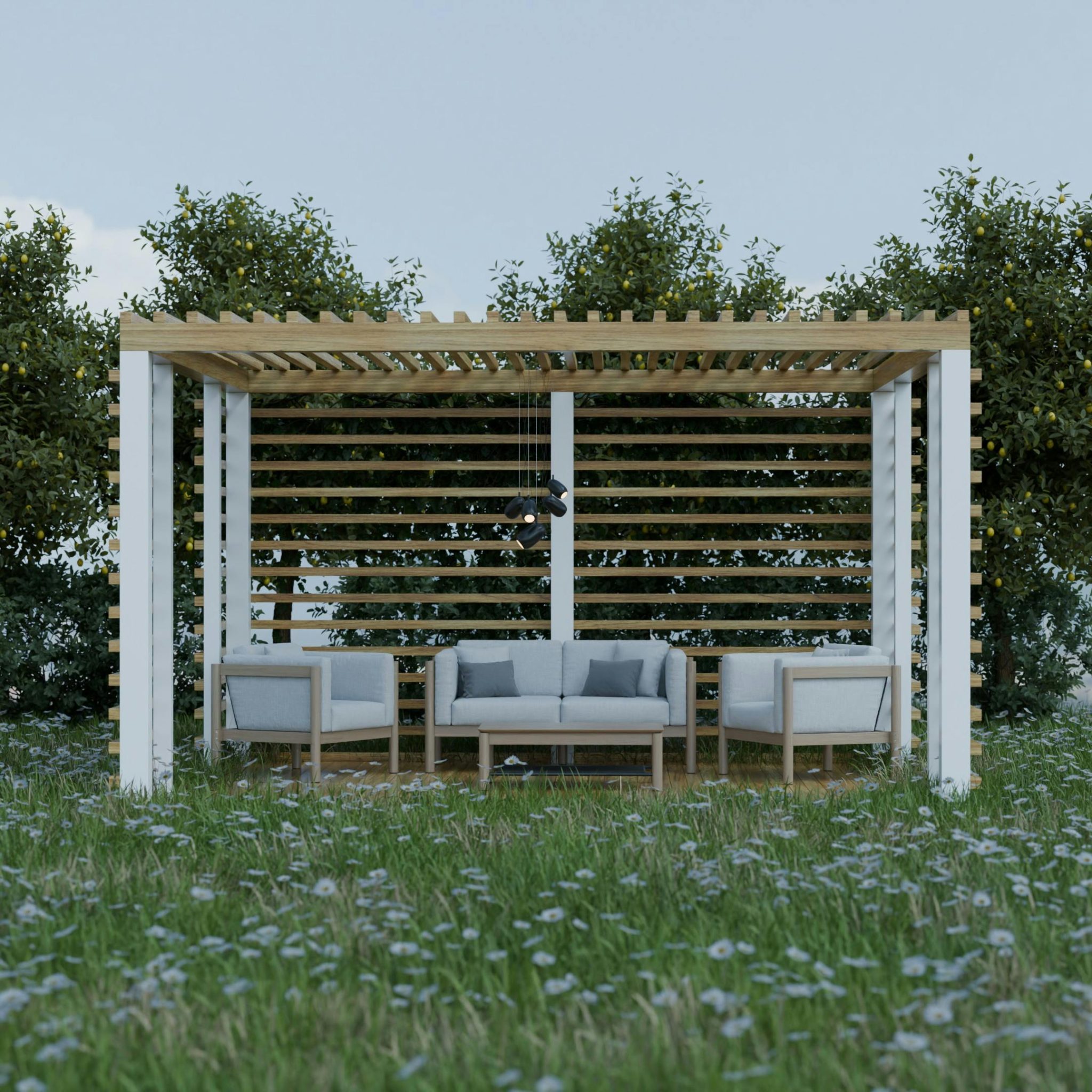 Elegant outdoor pergola with seating, set in a lush garden. Perfect for relaxation and gatherings.