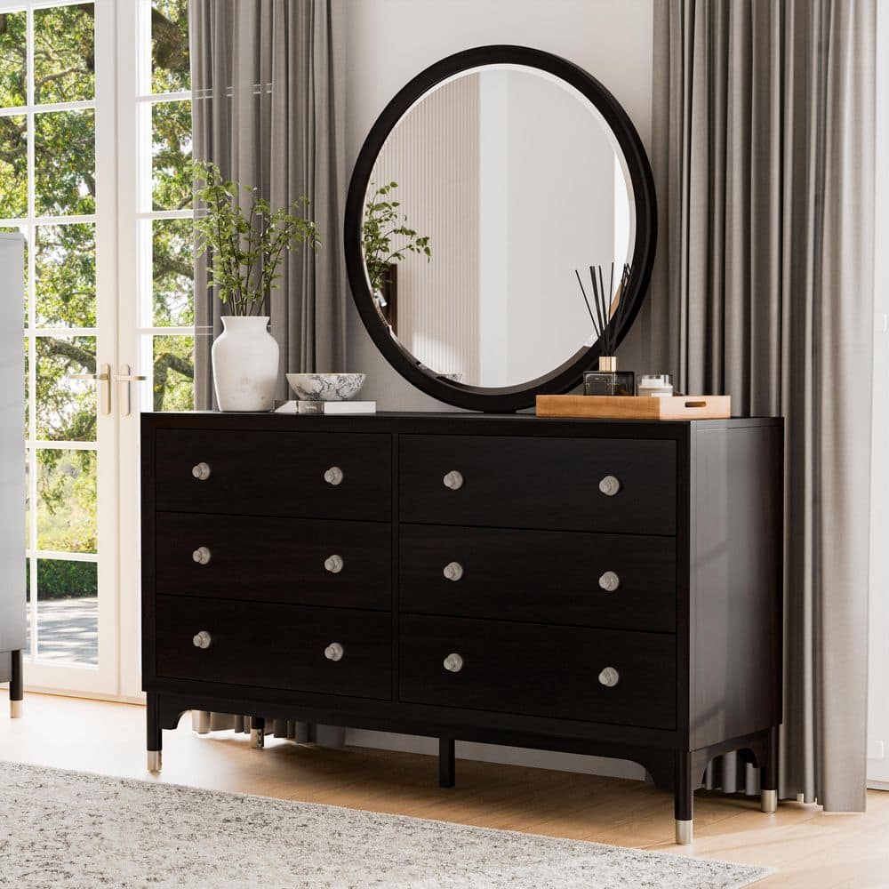 Forma Mid Century Black 6 Drawer 62 in. Wide Dresser with Mirror