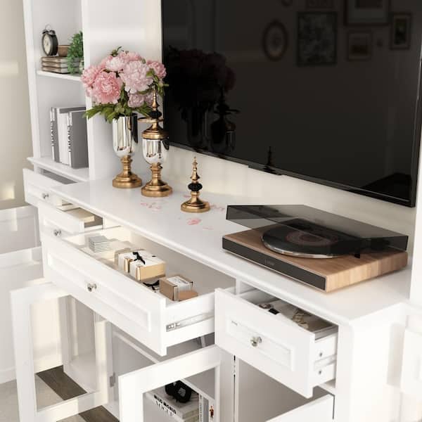 FUFU&GAGA 4-Piece White Wood Entertainment Center TV Stand with Tempered Glass Door TV Console, Bookshelves for TVs up to 57 in. KF150183-0123 - The Home Depot
