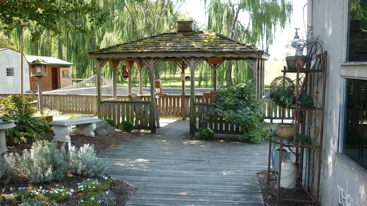 gazebo, deck, shade, patio, trees, relaxation, outdoors, backyard, pergola, pavilion, leisure, yard, nature, relax, covered, porch, landscaping, veranda, outdoor, countryside