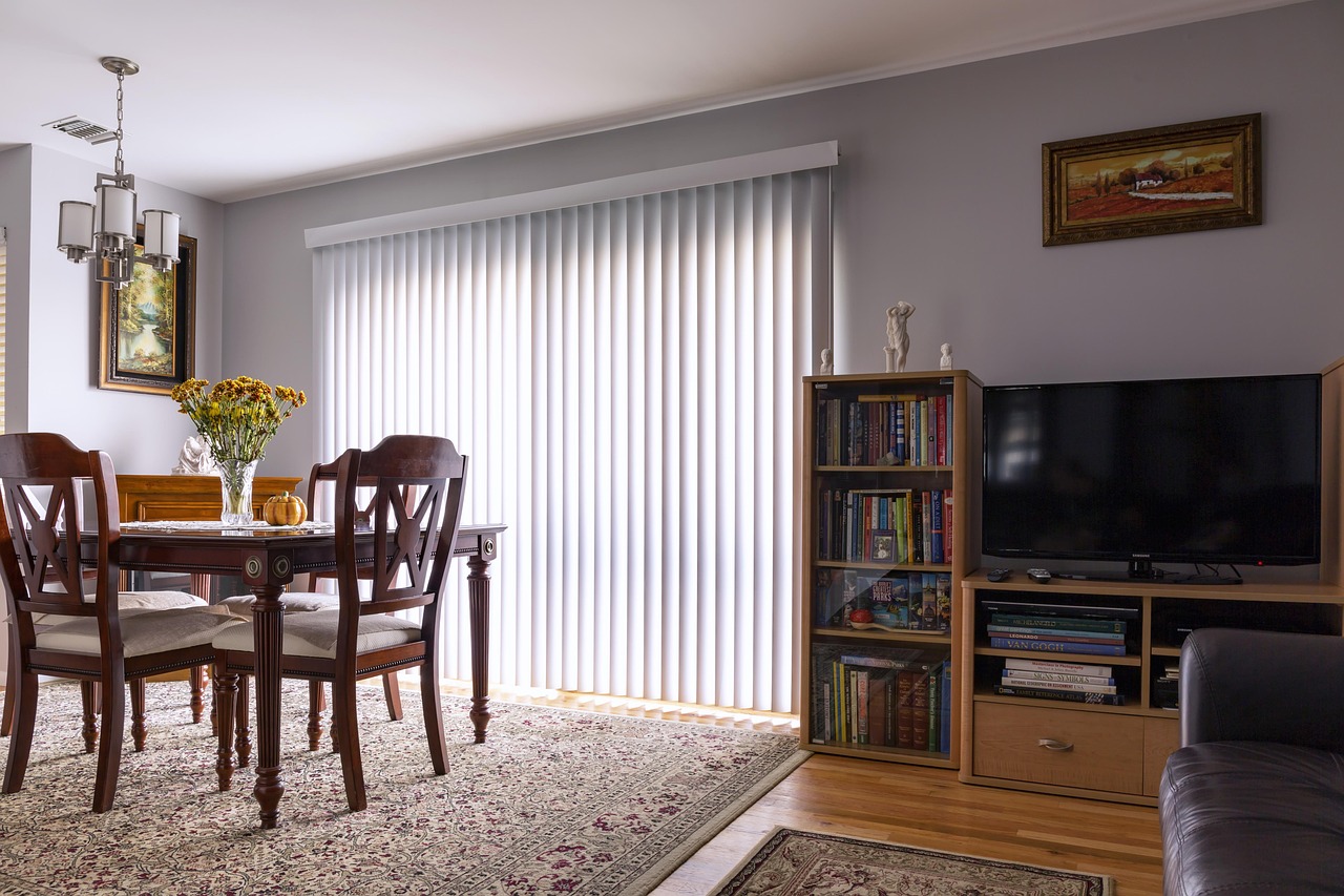 home interior, vertical blinds, sliding door, blinds, window treatment, home, interior, house, traditional look, classic look, room, furniture, house interior, living, table, decor, floor, sofa, tv, g