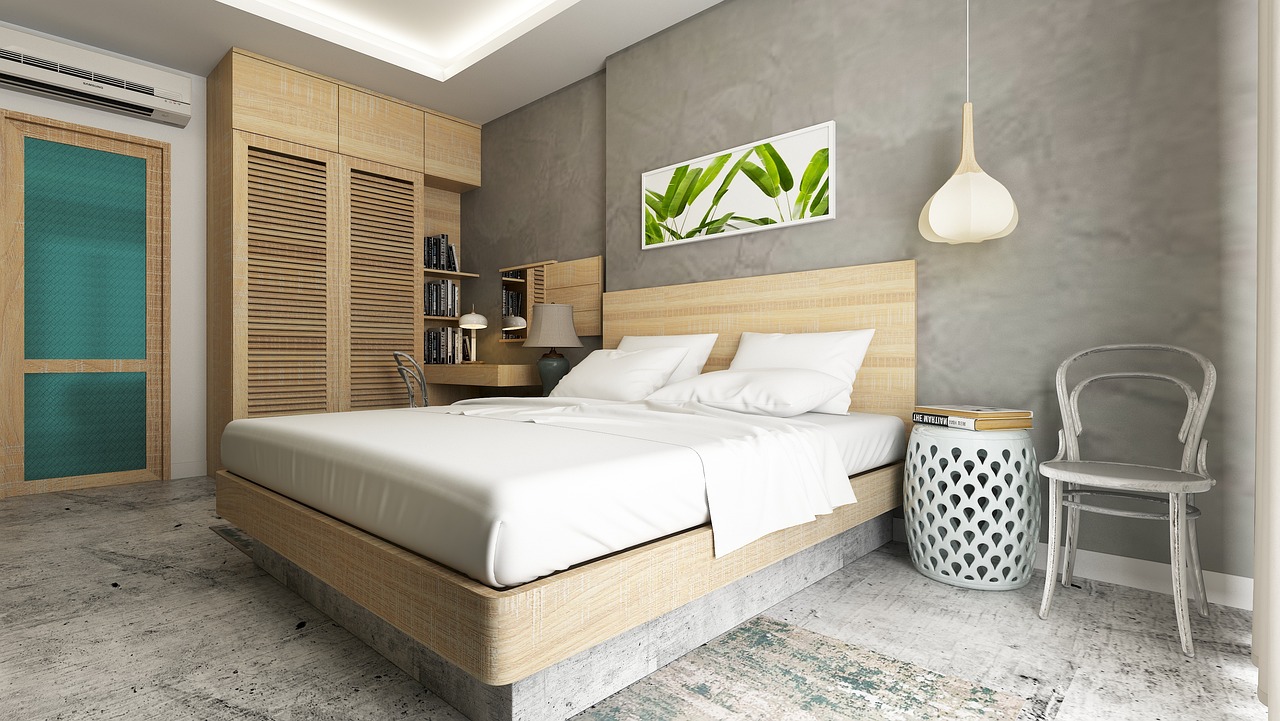 interior design, modern style, home, decor, apartment, bedroom, indoors, interior, asia style modern, tropical, room, simple room, concrete floor, concrete style, brown home, brown room, brown bedroom
