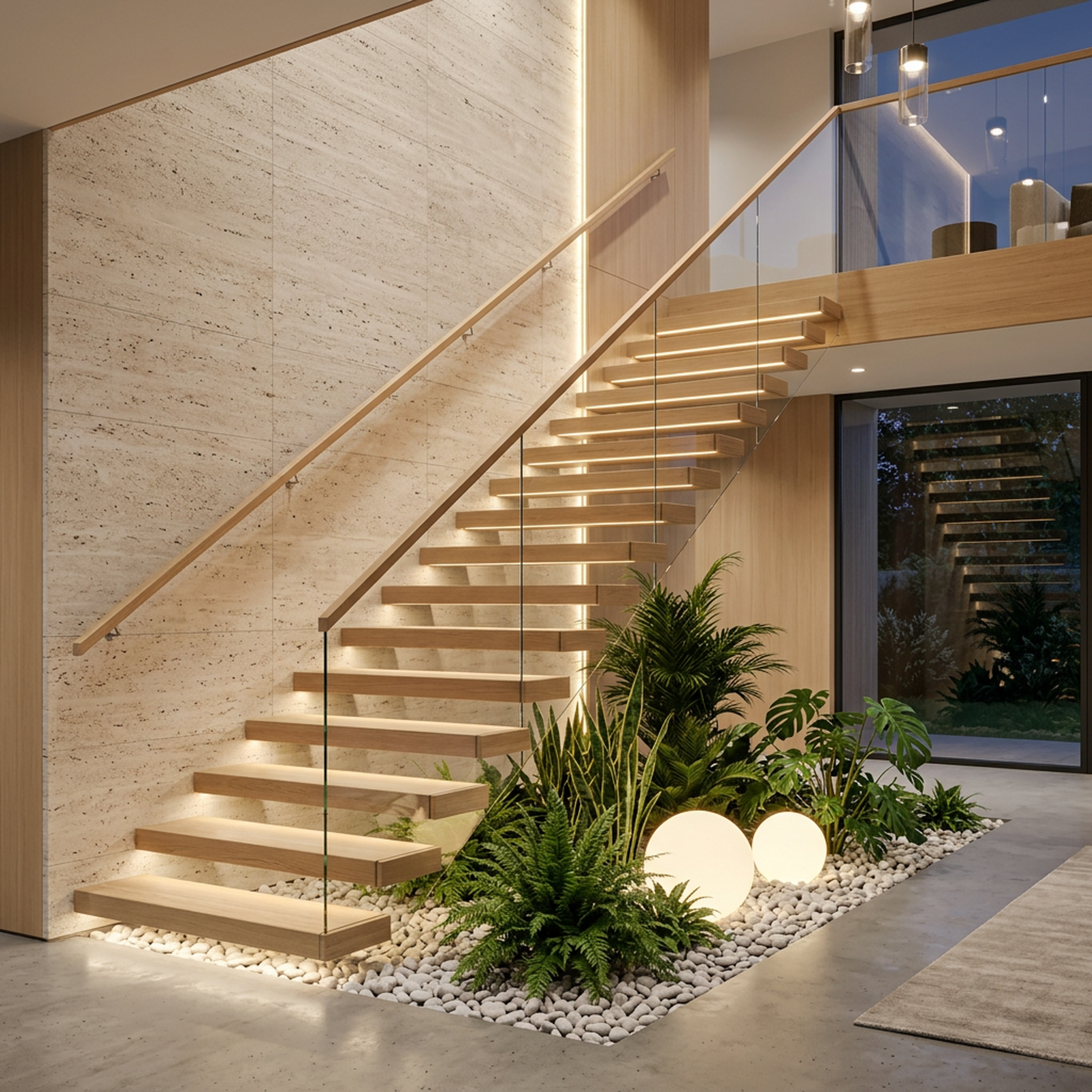 L-Shaped Modern Staircase Design with Wood and Glass Combination | Livspace