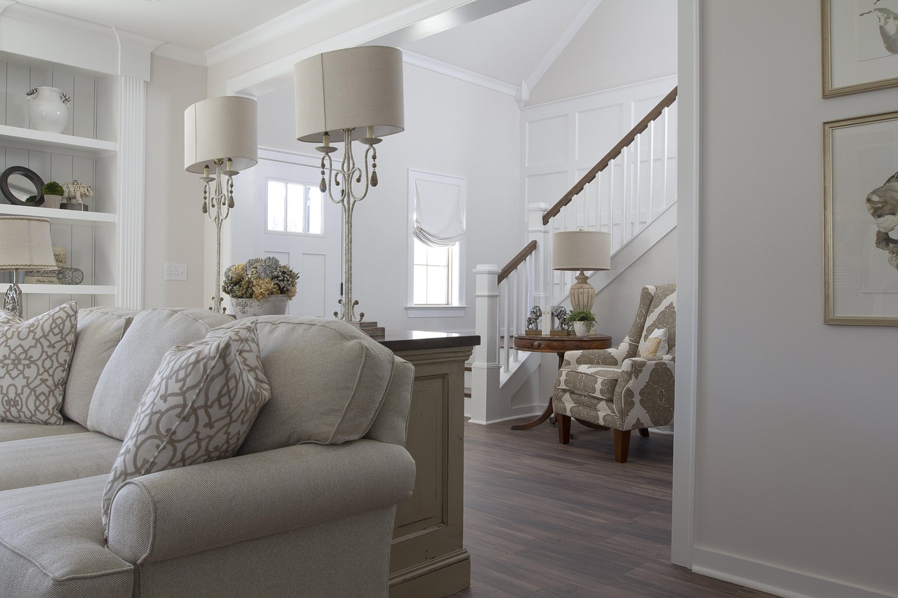 living room, house, interior, design, lampshade, white, couch, pillow, table, stairway, gray house, gray room, gray table, gray design, gray interior, gray couch, living room, living room, living room