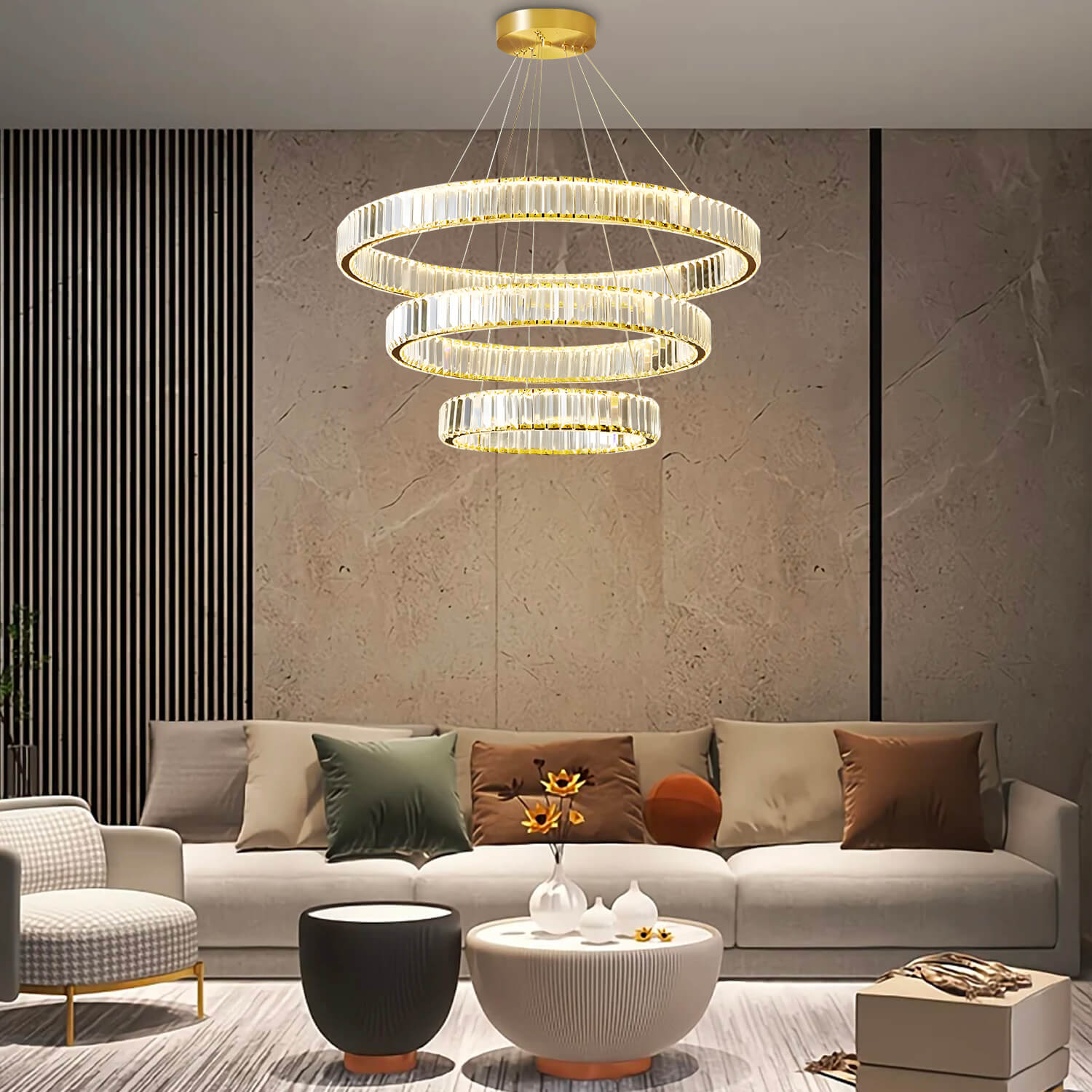 Modern Luxury Crystal Chandelier Elegant Circular Duplex Living Room and Dining Room Lighting|Sofary, 2 Rings: 31' +39'
