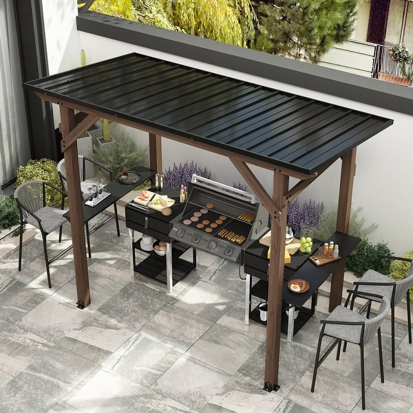 Patio BBQ Grill Gazebo with Steel Roof and Bar Counters, Cedar Wood Outdoor Kitchen Shelter - On Sale - Bed Bath & Beyond - 43102458