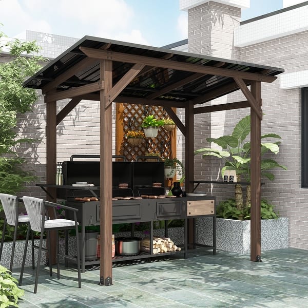 Patio BBQ Grill Gazebo with Steel Roof and Bar Counters, Cedar Wood Outdoor Kitchen Shelter - On Sale - Bed Bath & Beyond - 43102458