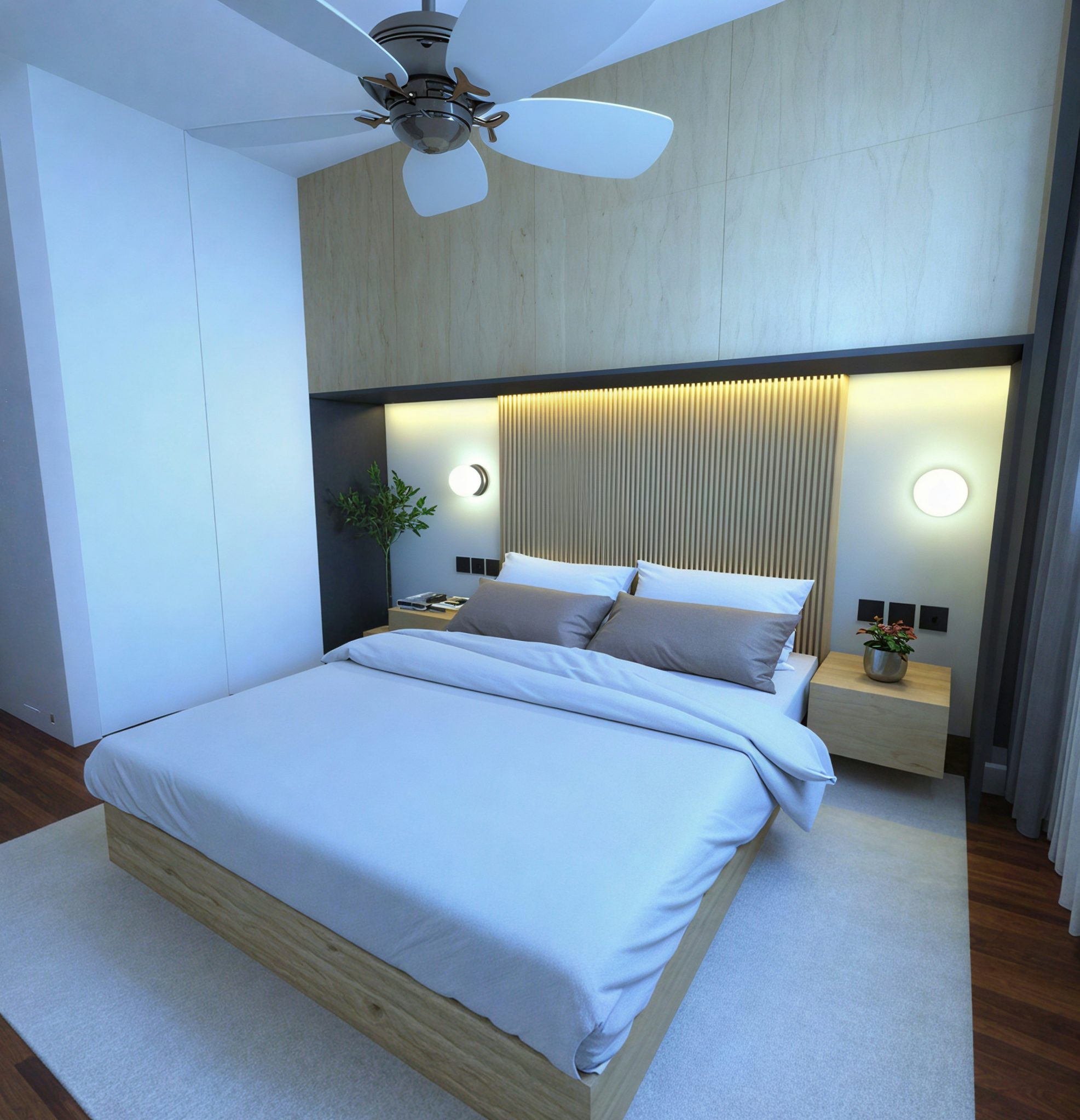 Propuesta diseño habitación en suite. (borrador) Diseño básico simple y minimalista de habitación matrimonial con armarios de almacenamiento suspendidos cabeceara fondo de listones de madera natural n