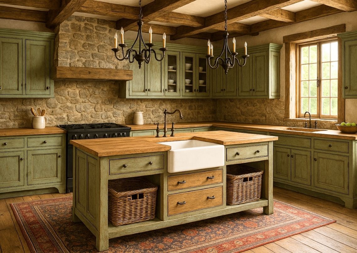 Rustic country island kitchen with exposed beams and stone wall