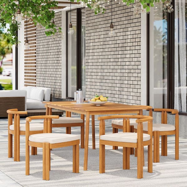 Rustic Outside Dining Furniture Christopher Knight Home Eirian Rustic Piece Patio Acacia Wood Dining Set With Cushions, Teak/Beige