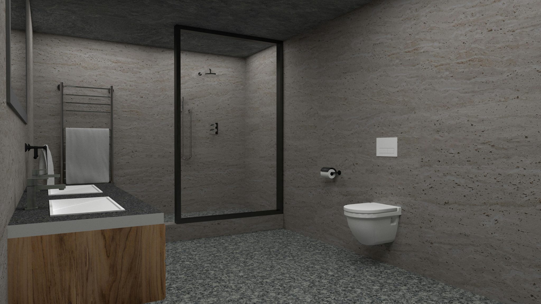 Sleek minimalist bathroom with neutral tones and contemporary fixtures.