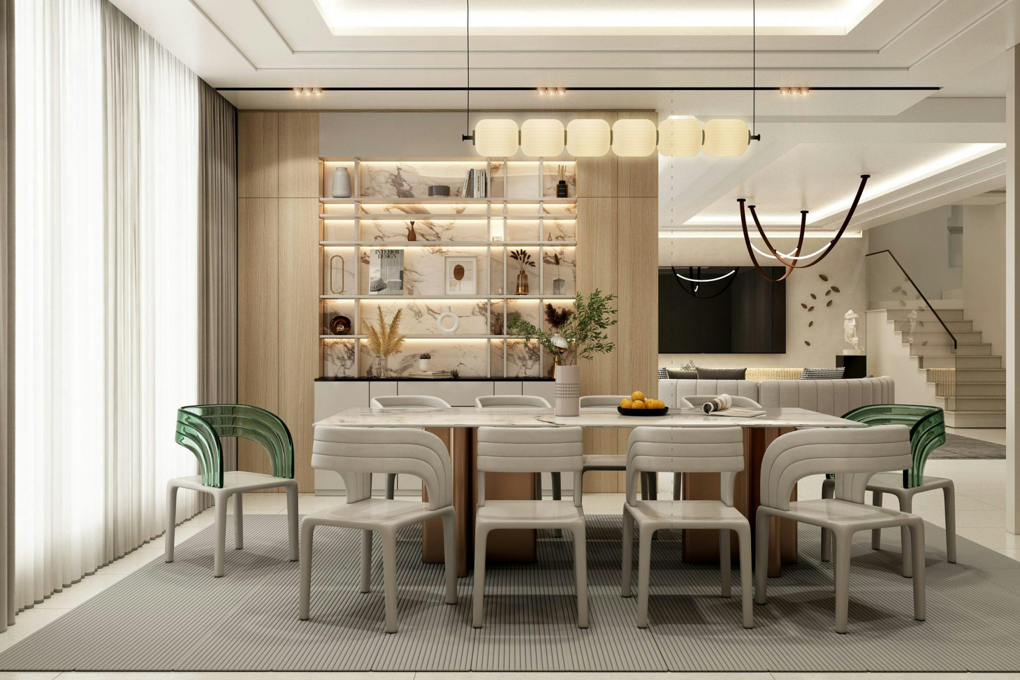 Sophisticated modern dining area featuring chic furniture and ambient lighting.