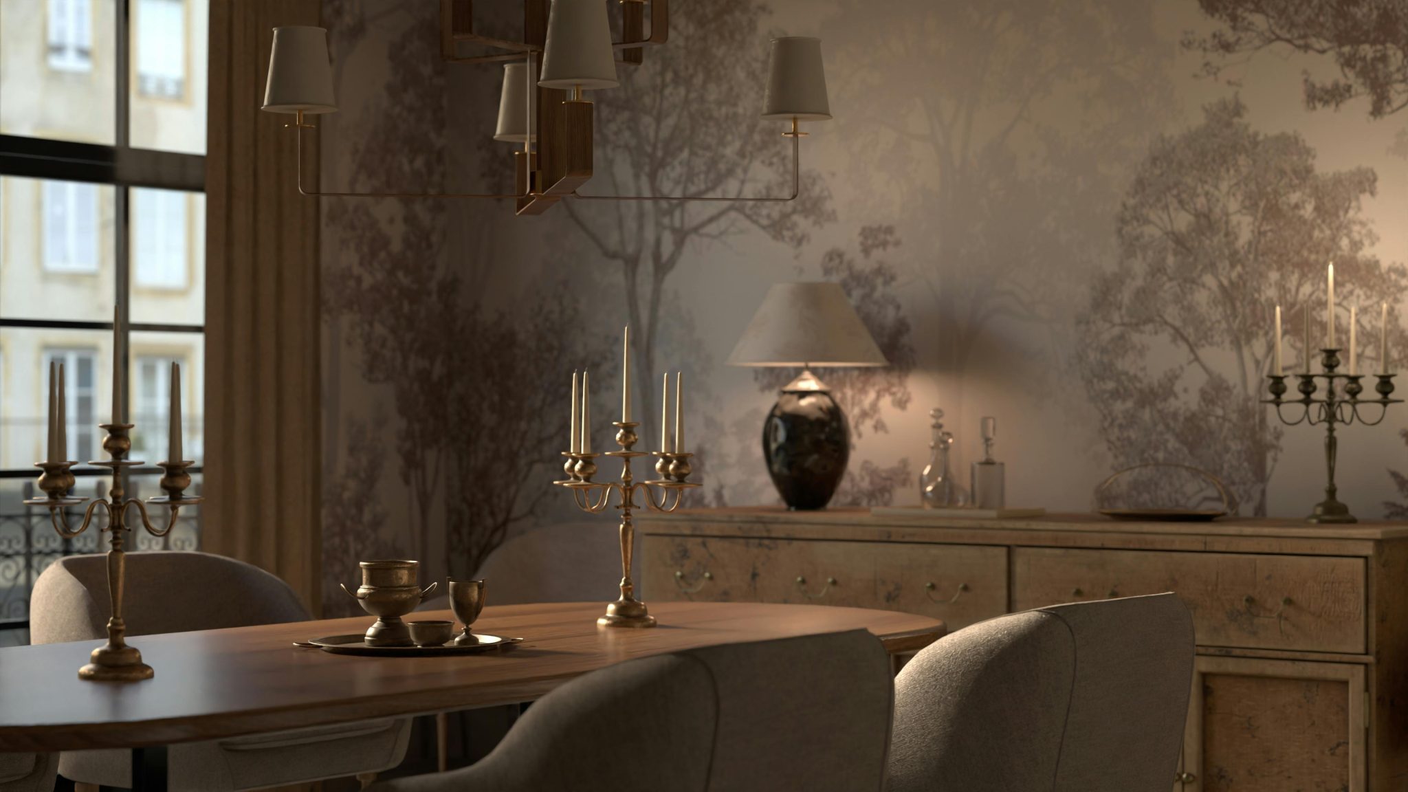 Stylish indoor dining room setup with elegant candleholders and classic decor elements.