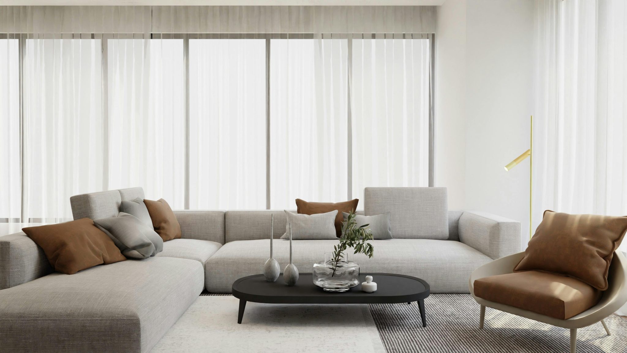Stylish modern living room with beige sofa, chairs, and minimalist decor, perfect for interior design enthusiasts.