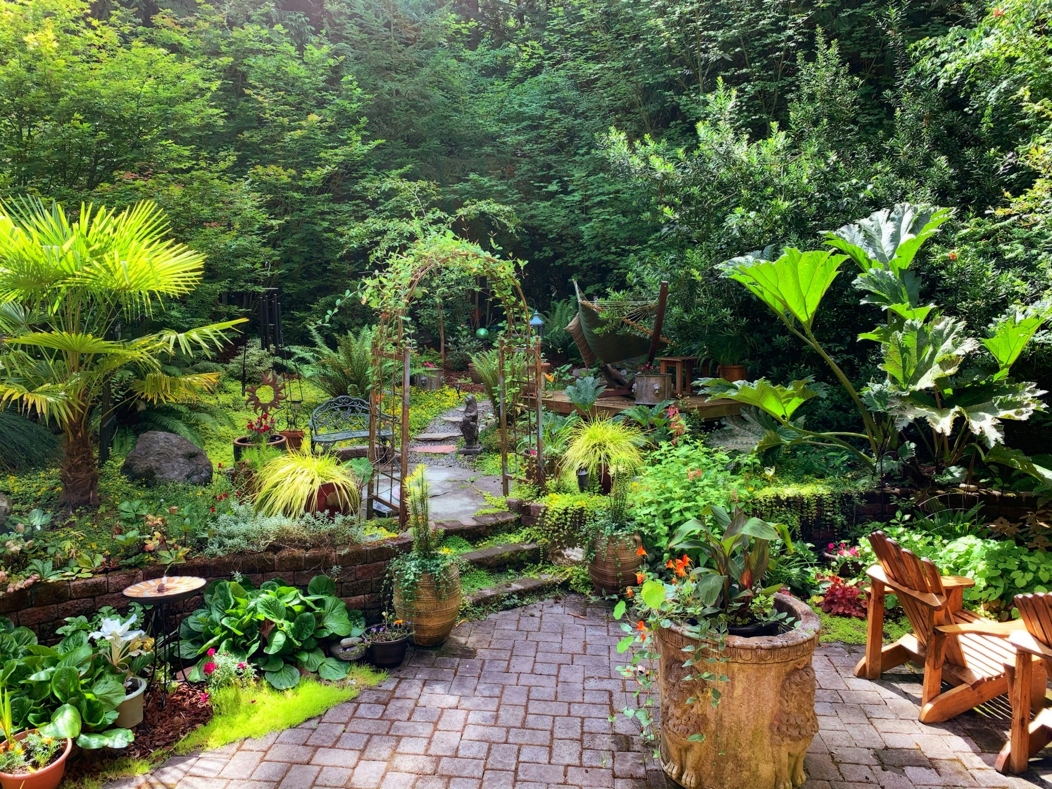 This is my garden which I tried to emulate from the beautiful old courtyards in Guatemala. The center cylinder lion piece was part of a very old fountain. The path leads to another area where I have