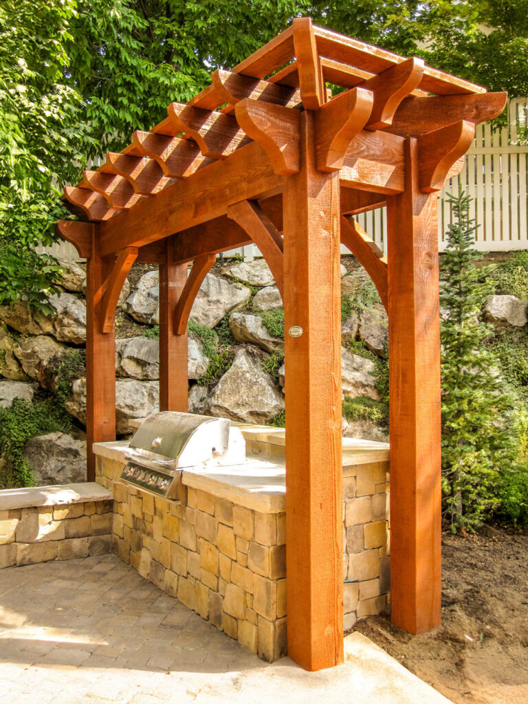 Timber Frame Arbor and Trellis Over Outdoor Kitchen