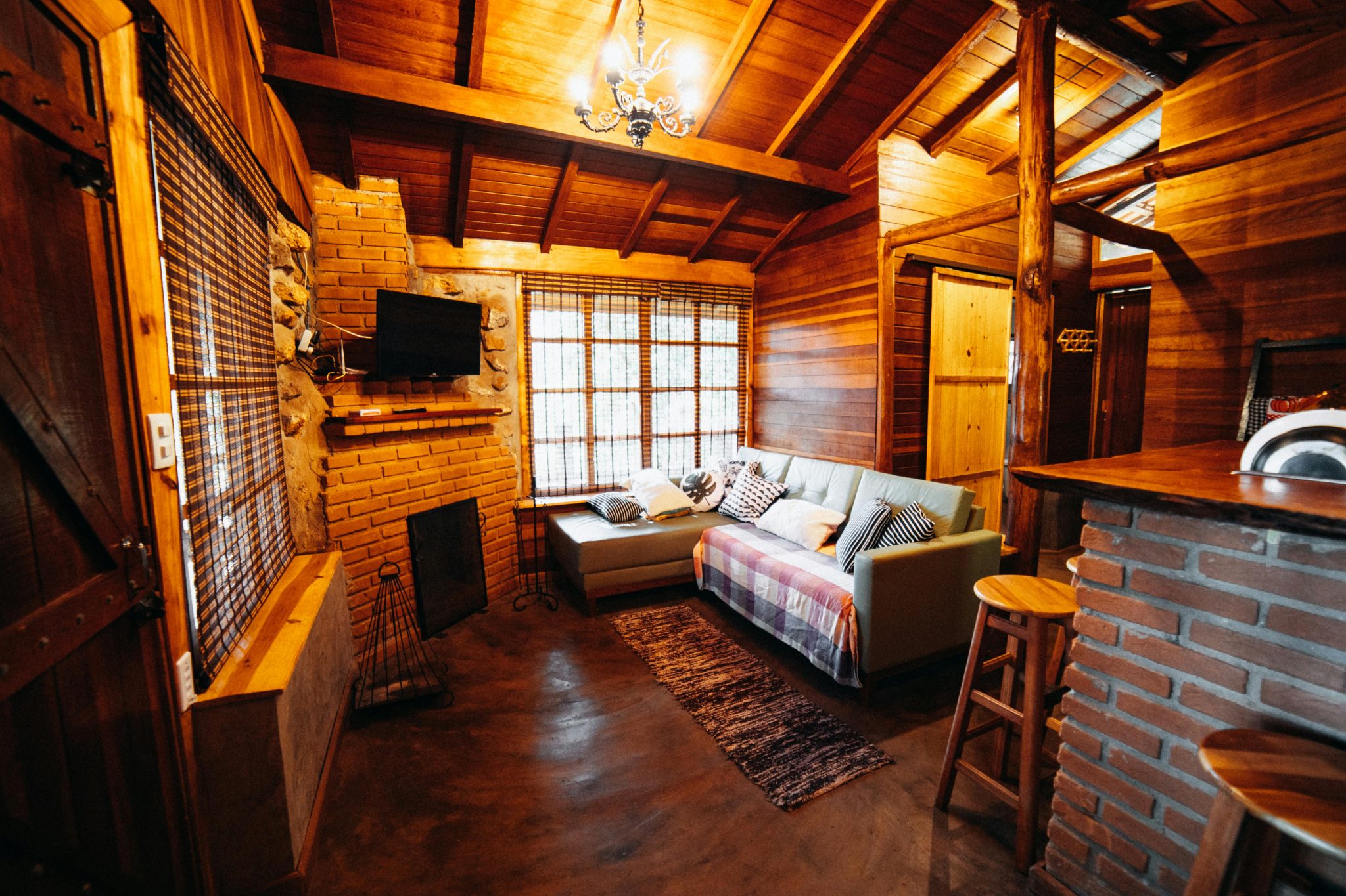 Warm and inviting wooden cabin living room with rustic decor and natural lighting.