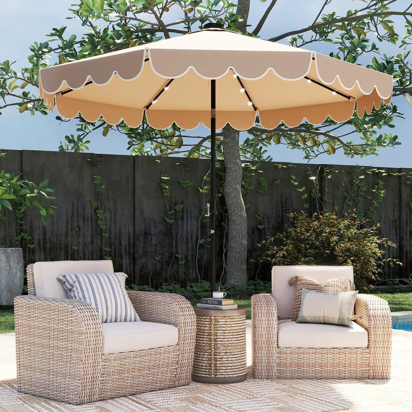 10 Feet Solar Patio Umbrella with 24 LED Lights-Coffee - Beige
