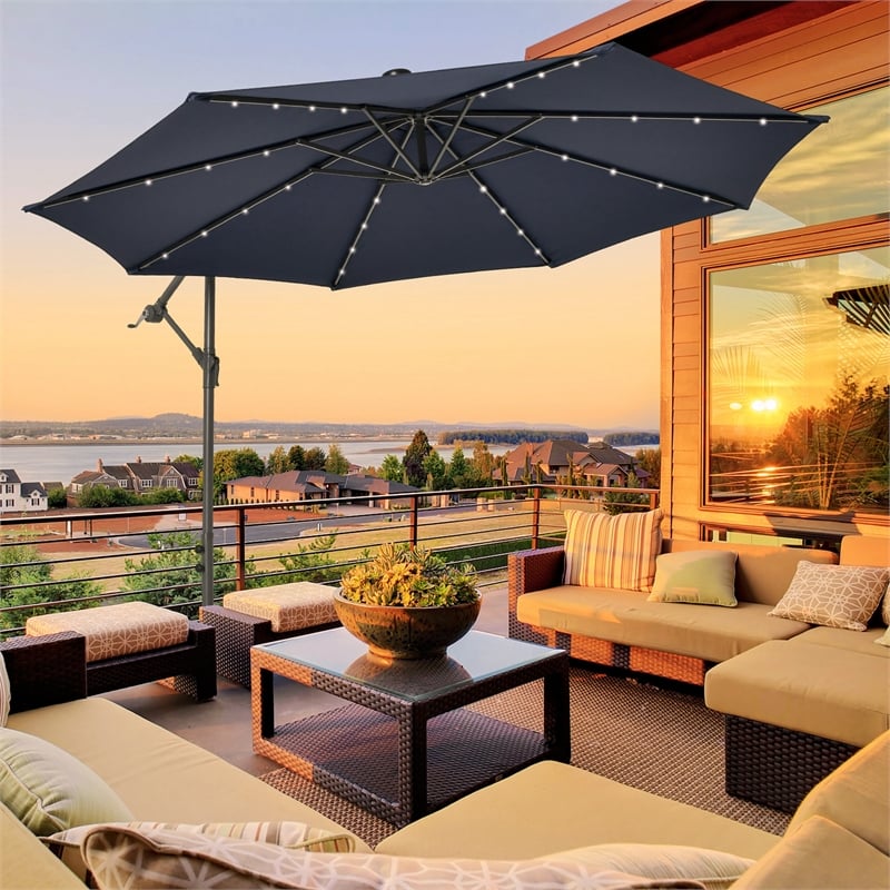 10FT Hanging Offset Umbrella 32 LED Lights Navy | Homesquare
