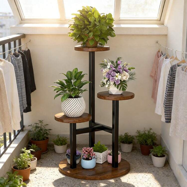 4-Tier Metal & Wood Plant Stand, Minimalist Solid Color Corner Multi-Layer Indoor/Outdoor Flower Pot Rack, Suitable For Balcony, Garden, Patio | SHEIN