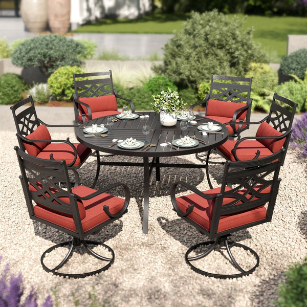 7-Piece Round Table Patio Dining Set of Steel Fixed Chairs with Cushion and Pillow-Phi Villa, Fixed Chair / Red