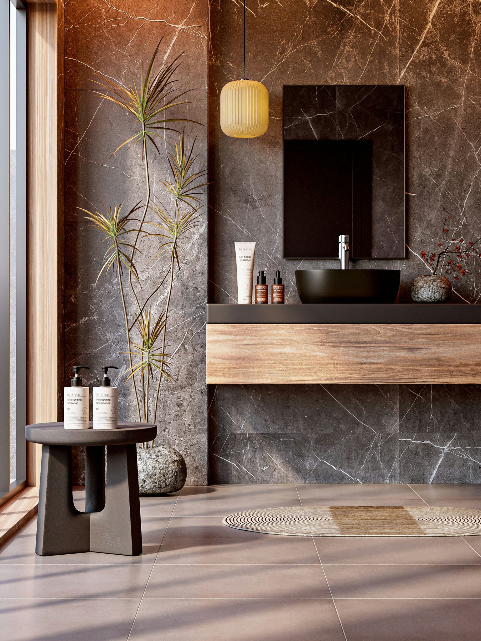 A beautifully designed modern bathroom featuring earthy tones and natural textures. The space includes a matte black vessel sink, wooden vanity, stone-textured walls, and minimal decor with indoor pla