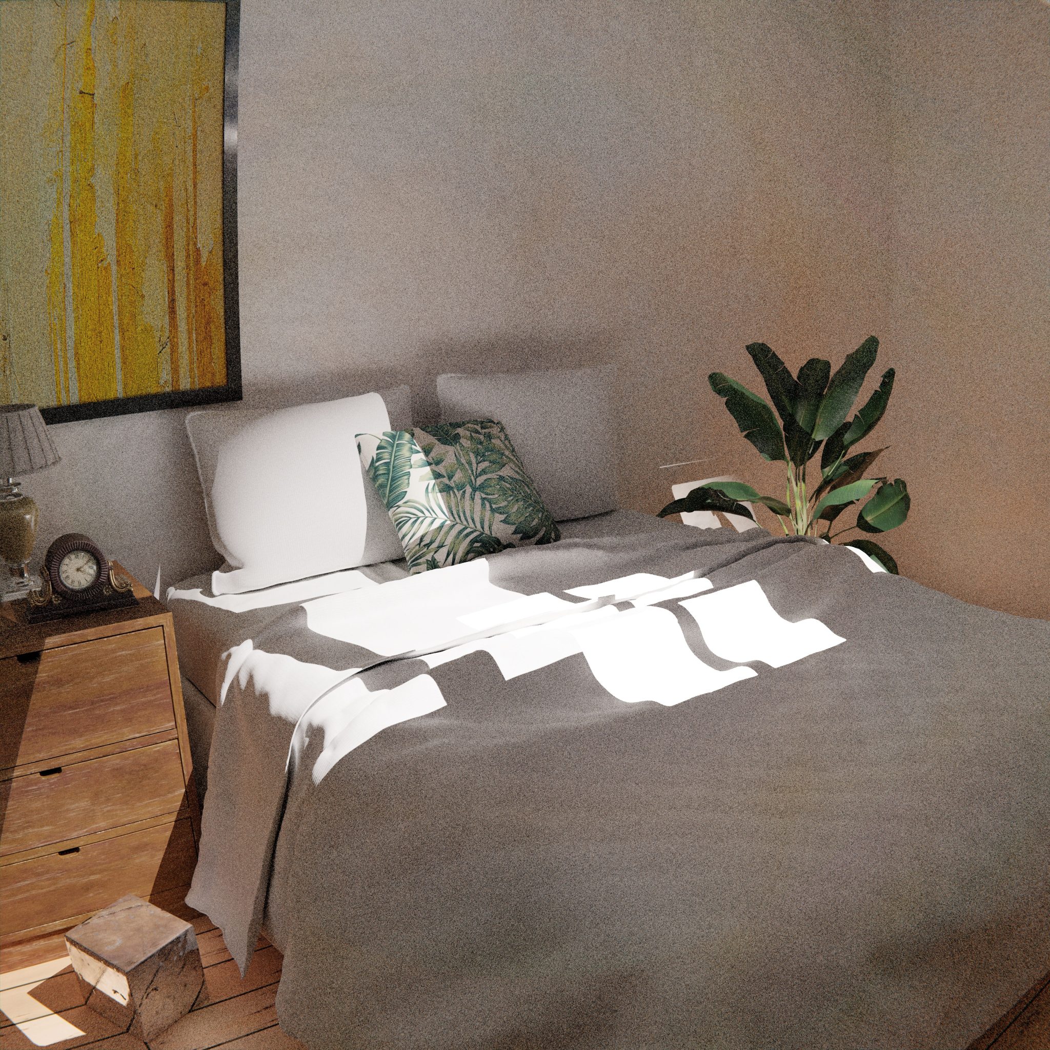 A cozy minimalist bedroom featuring natural light, green plants, and stylish decor.
