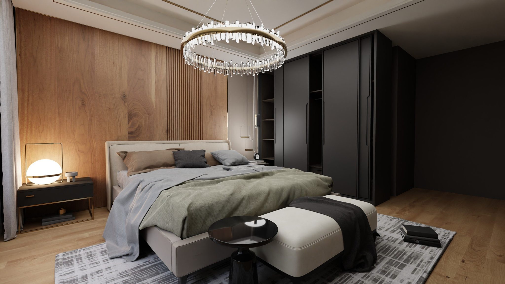 A stylish bedroom featuring a luxurious bed, elegant chandelier, and minimalist decor.