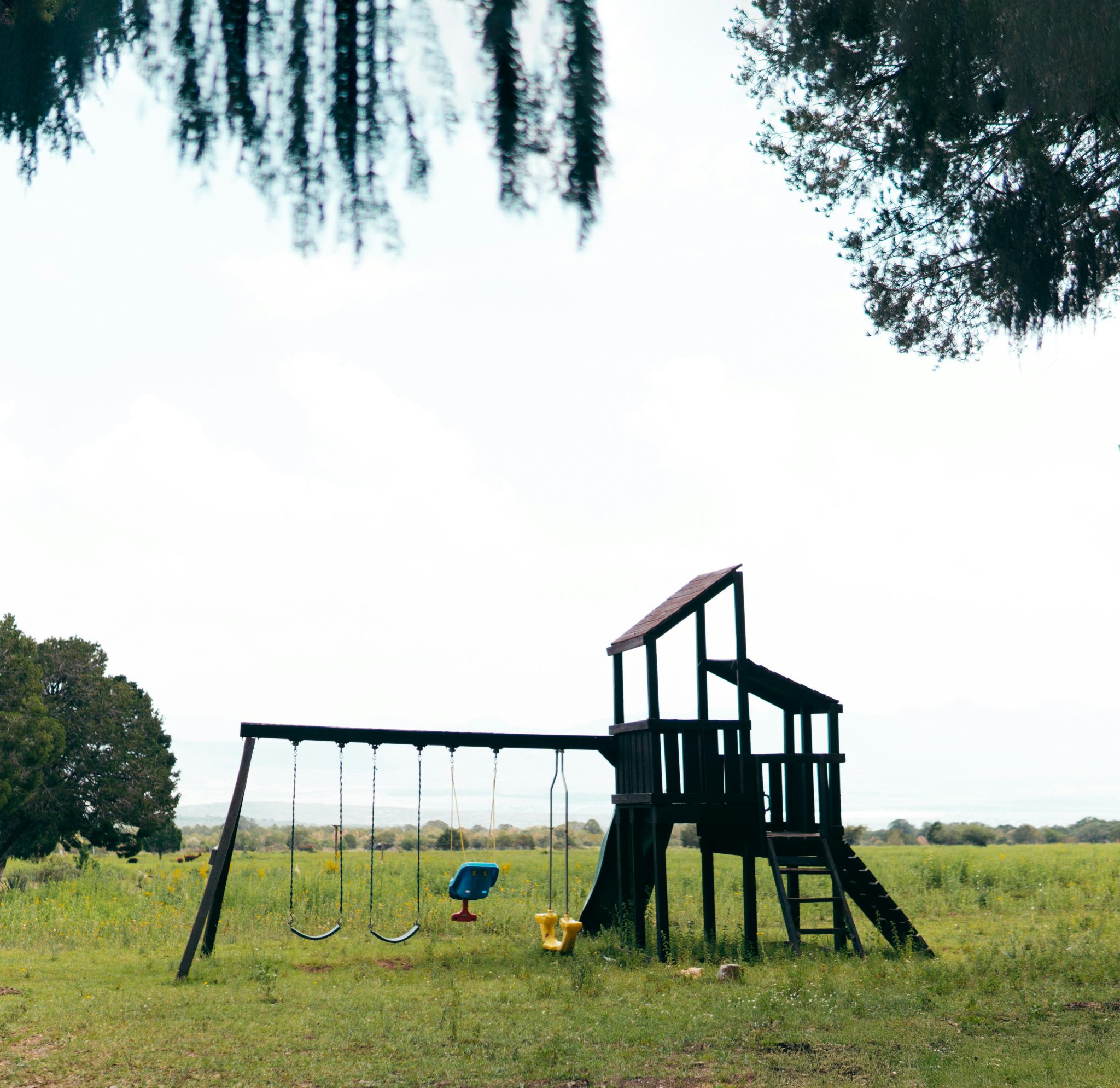 A wooden playground structure with swings in a grassy field.