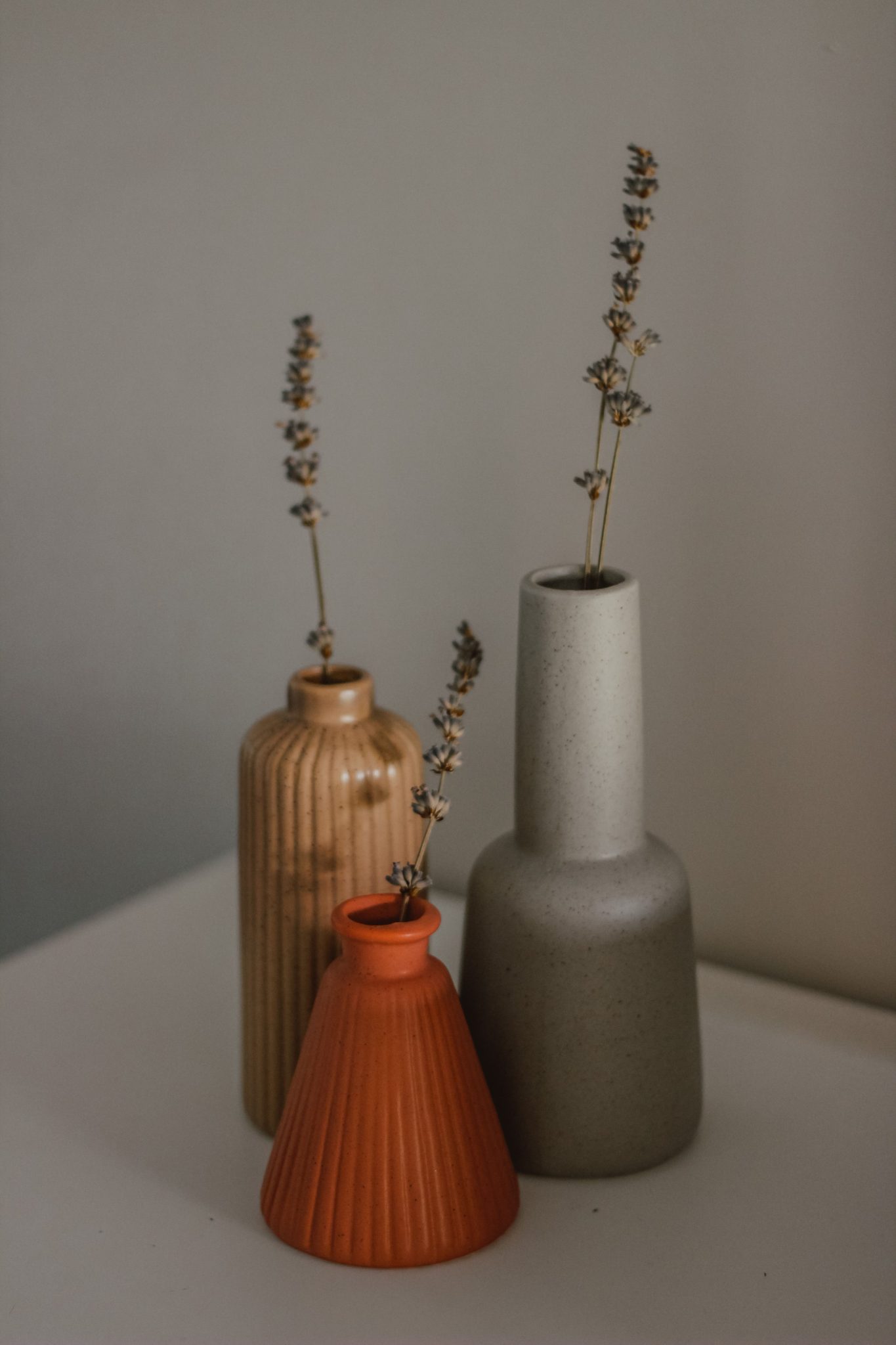 Aesthetic arrangement of ceramic vases with dried flowers on a neutral background.