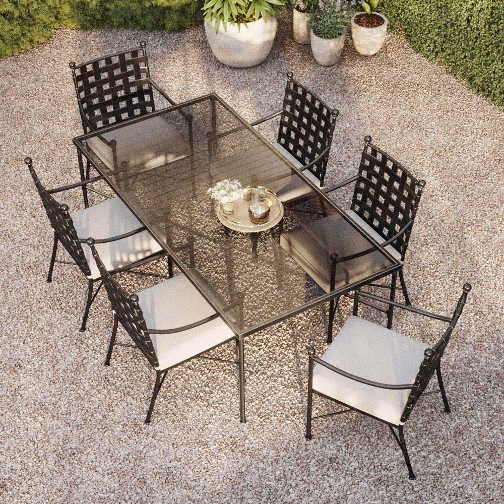 Aurore French Country Glass Top Black Metal Outdoor Dining Table - 84'W | Kathy Kuo Home