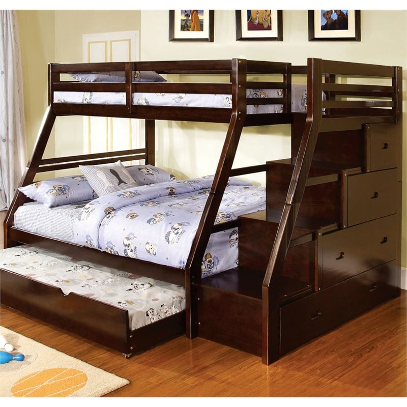 Bowery Hill Solid Wood Walnut Bunk Bed Rectangular Tiered Side Drawers 65' H x 56.5' W x 99.75' D | Homesquare