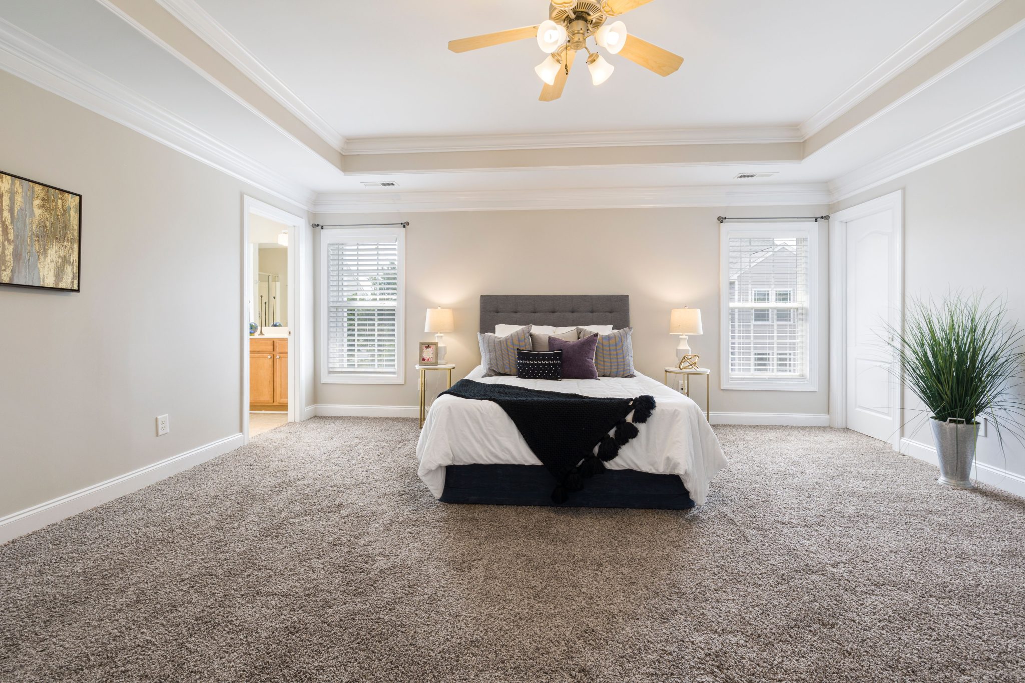 Bright and spacious bedroom with modern decor featuring a plush bed and soft lighting.
