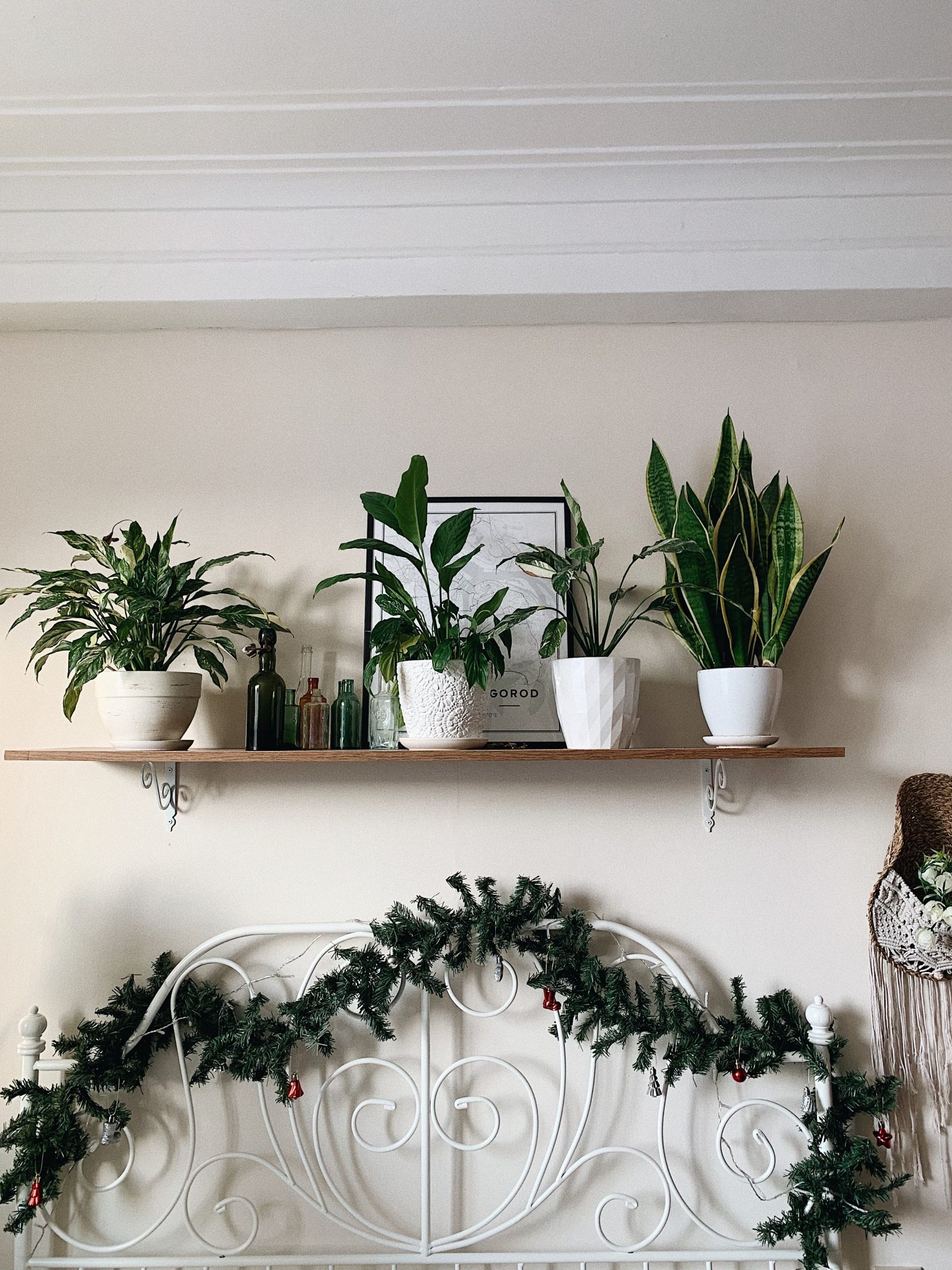 Bright bedroom interior with potted plants on a shelf and holiday garland over a white bed frame, creating a cozy atmosphere.