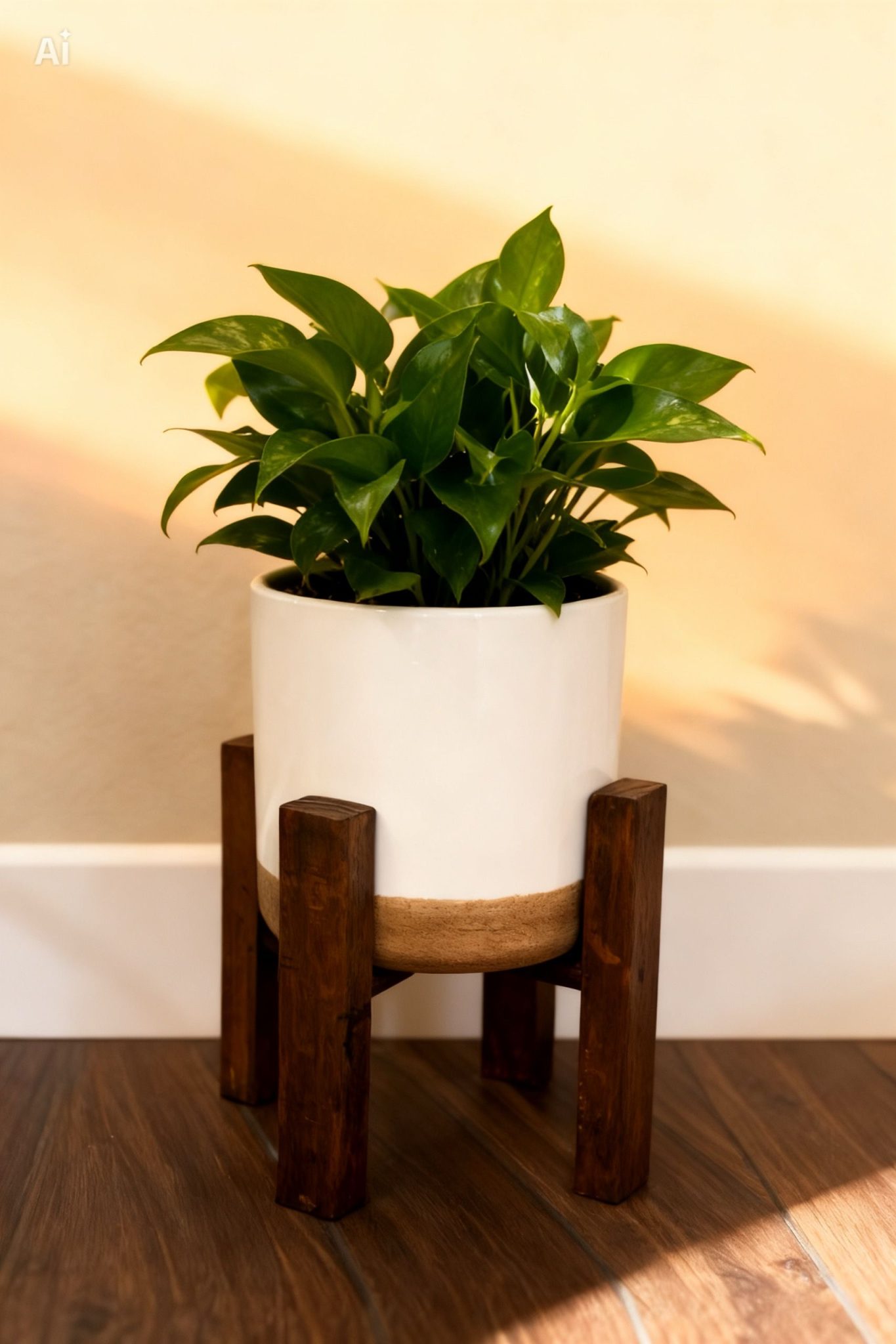 Bright green indoor plant in a stylish white ceramic pot with wooden stand.