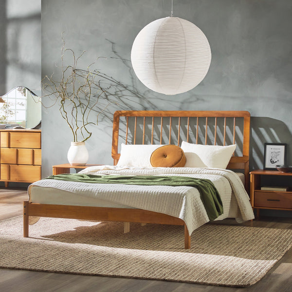 Cama Mid-Century Modern Solid Wood Spindle Bedframe, King / Black