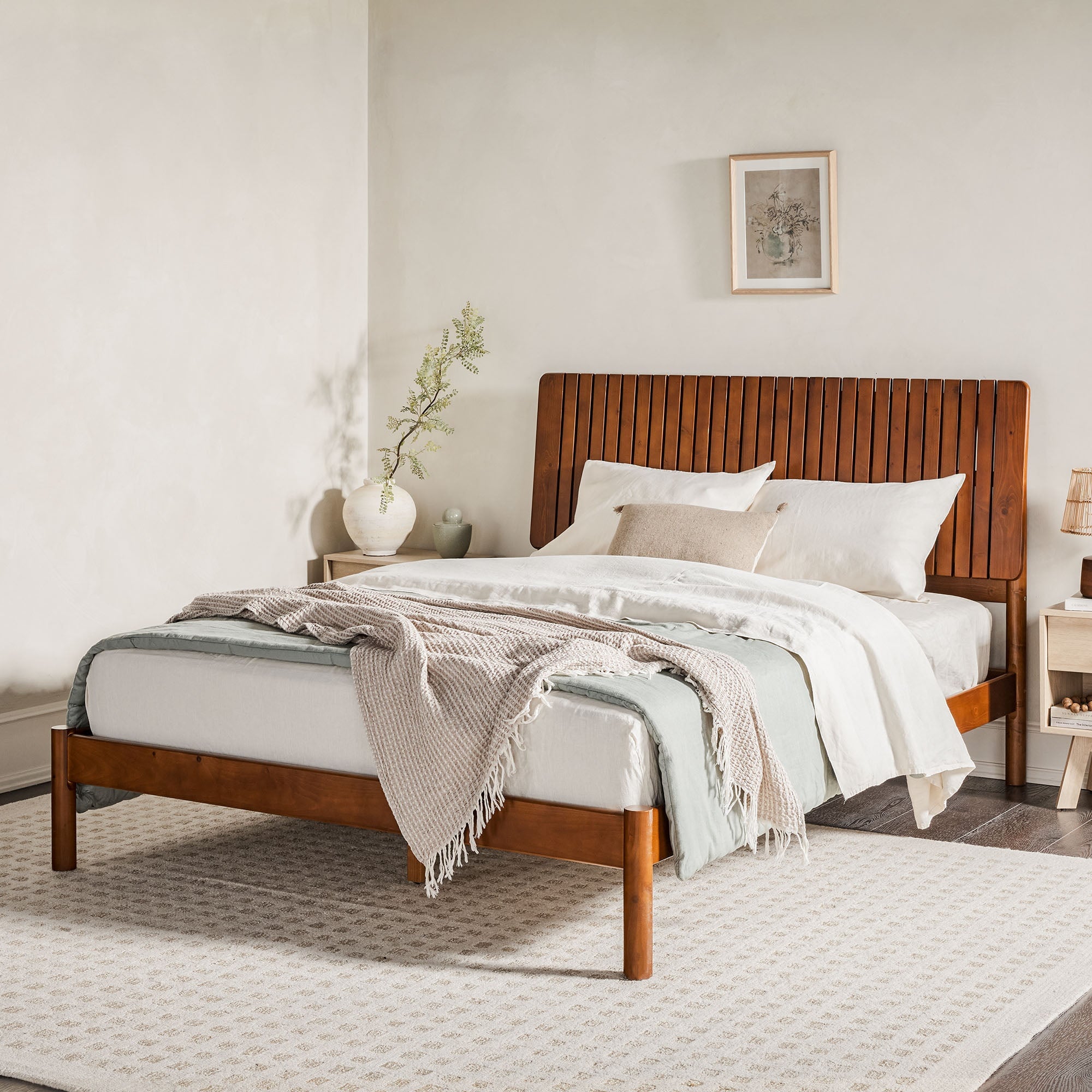 Cama Slatted Headboard Mid-Century Modern Solid Wood Bed, Brown, Queen