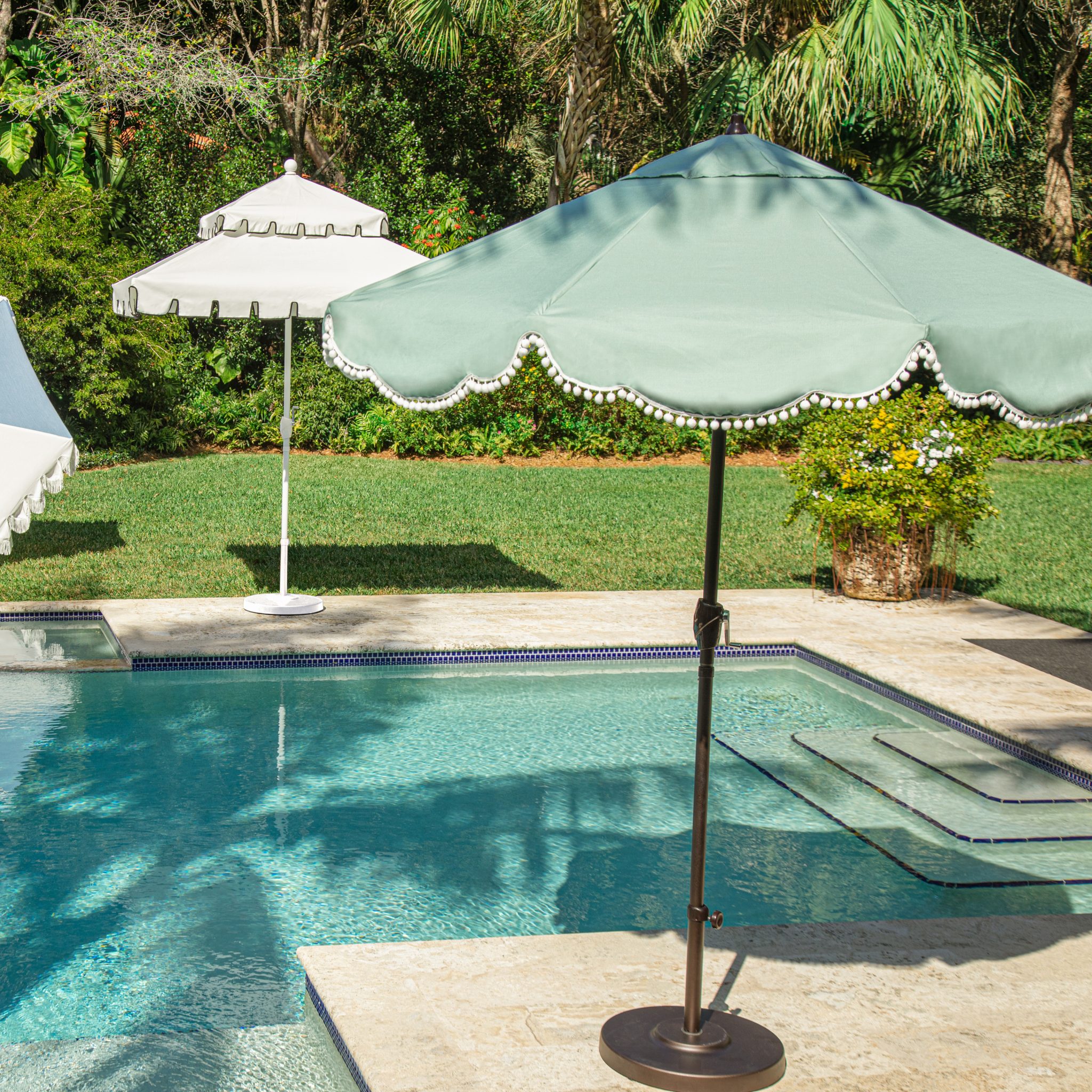 Cloud Pom-Pom Patio Umbrella, Outdoor Canopy - 90' Durable Sunbrella Acrylic, Sturdy Aluminum Frame, Tilt-and-Crank, Playful Pom-Poms | Emerald, Olive