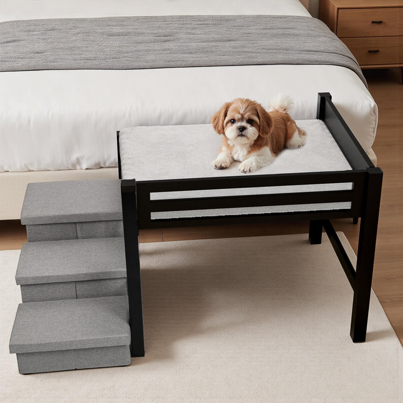 Dog Beds Wooden Pet Stairs With Storage Bedside Dog Bed With Stairs And Mattress, Elevated Wooden Pet Bed Frame With 3-Step Foldable Storage Staircase Plush Mattress, Paw-Friendly Ladder,