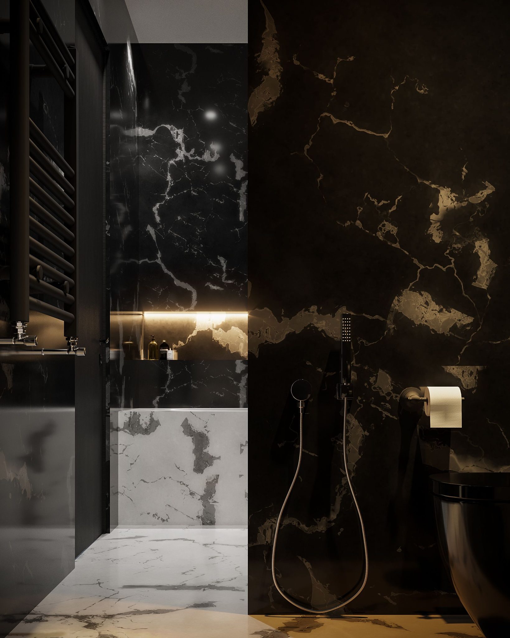 Elegant bathroom with black marble walls and contemporary fixtures.