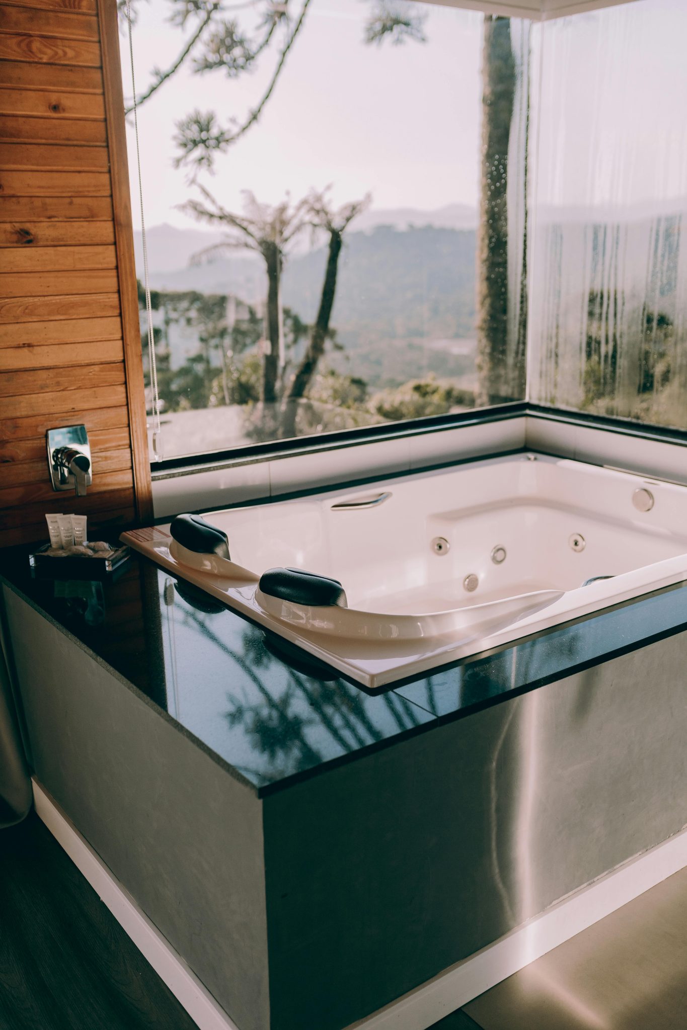 Elegant contemporary bathtub setup offering a scenic forest view for a refreshing experience.