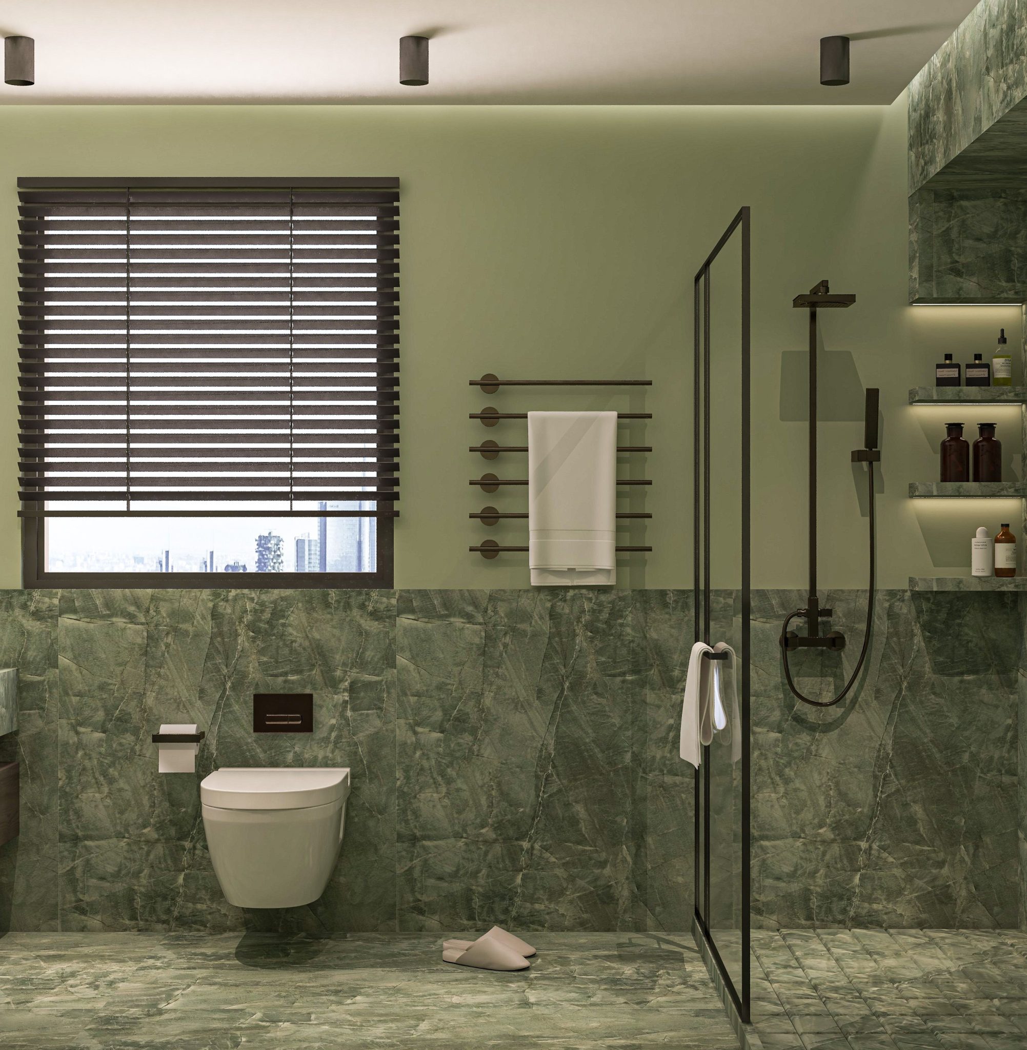 Elegant green marble bathroom with modern fixtures in Casablanca.