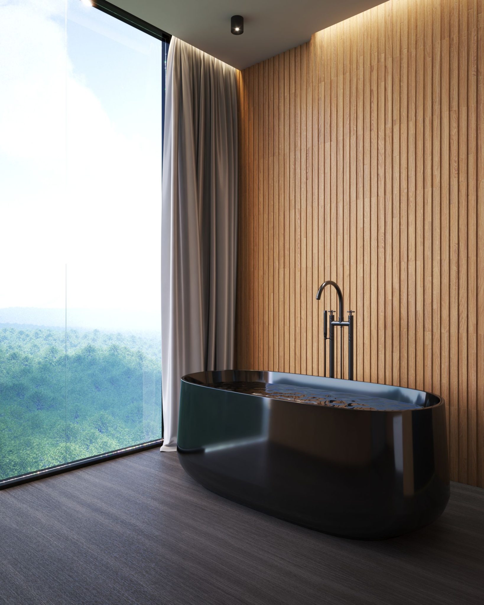Elegant modern bathroom featuring a sleek black bathtub and scenic outdoor view through a floor-to-ceiling window.