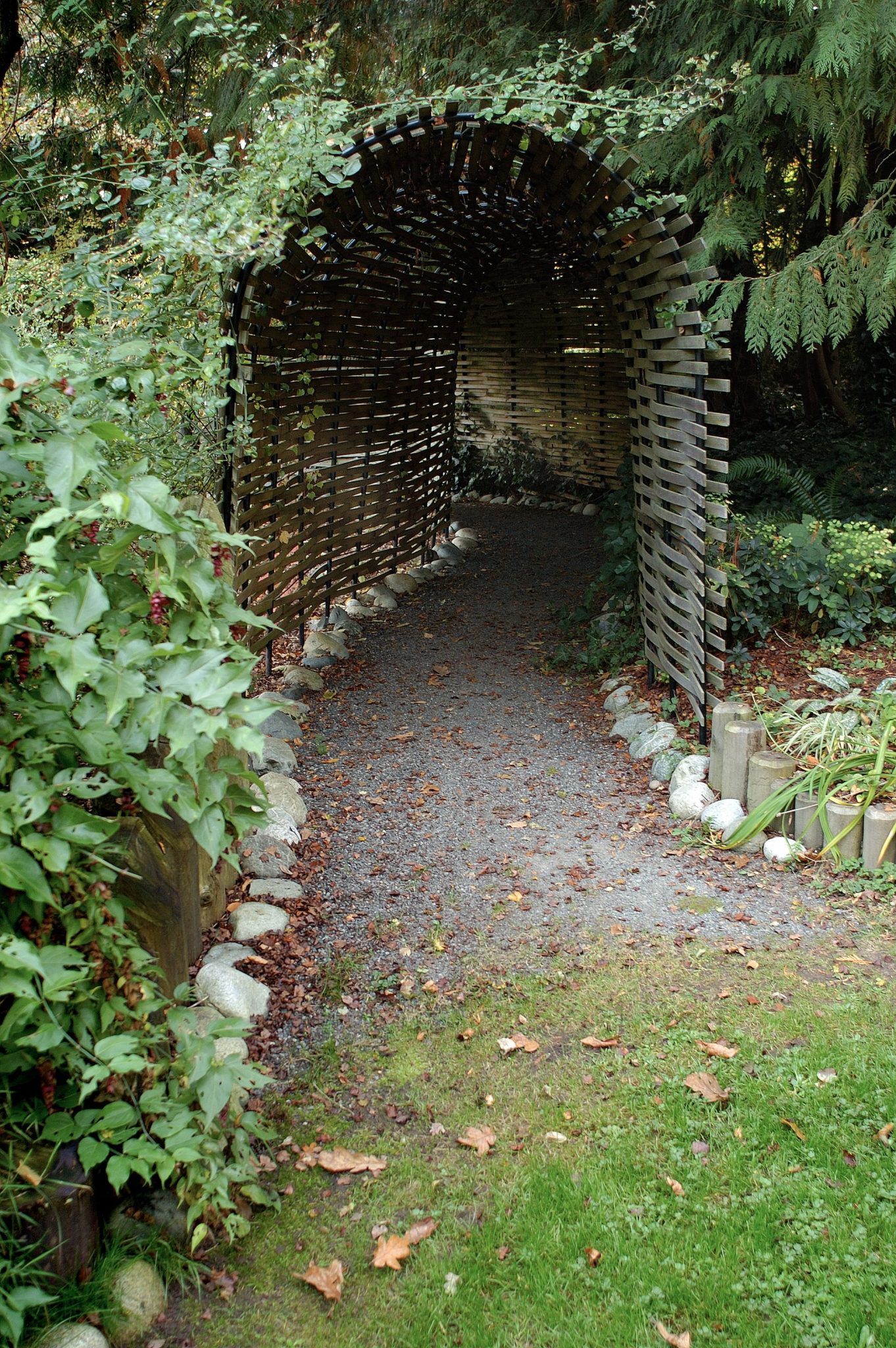 Explore a tranquil wooden arch tunnel surrounded by lush green foliage on a garden path.