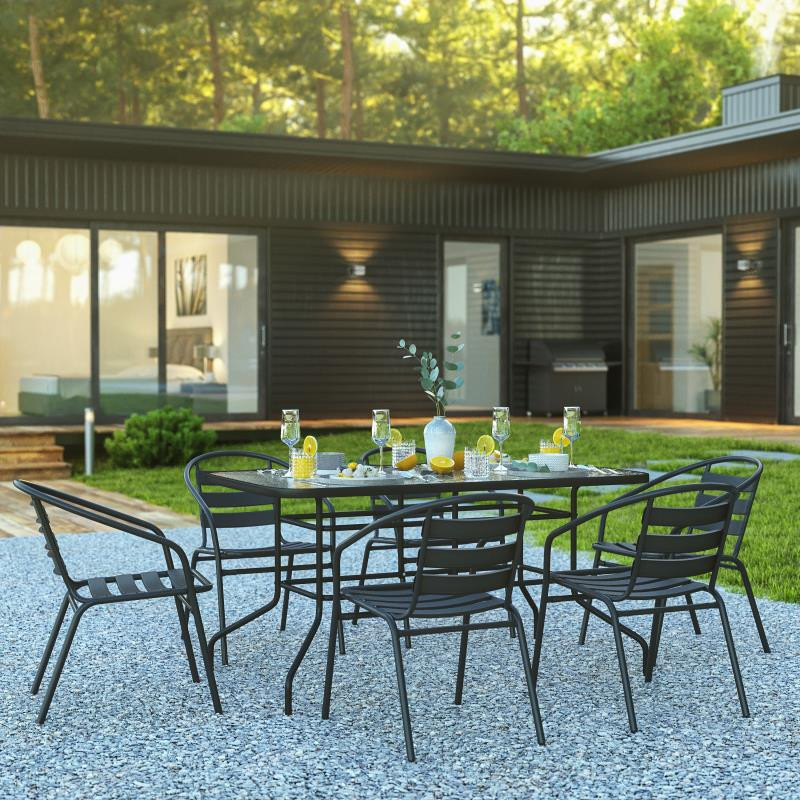 Flash Furniture 7 Piece Patio Dining Set - 55' Glass Patio Table, 6 Black Aluminum Stack Chairs